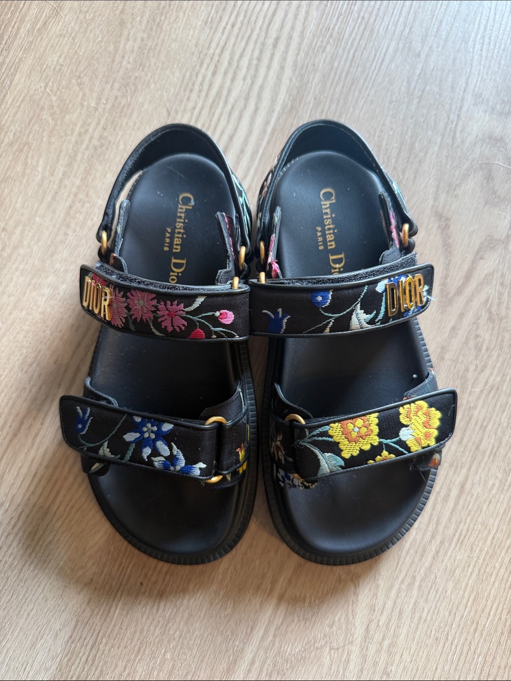 Dior Kids Black Floral Embroidered Double-Strap Sandals with Gold Logo
